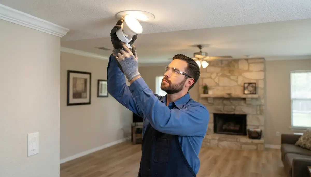 San Antonio electrician tests a dimmer and aims a newly installed lighting fixture for even room illumination
