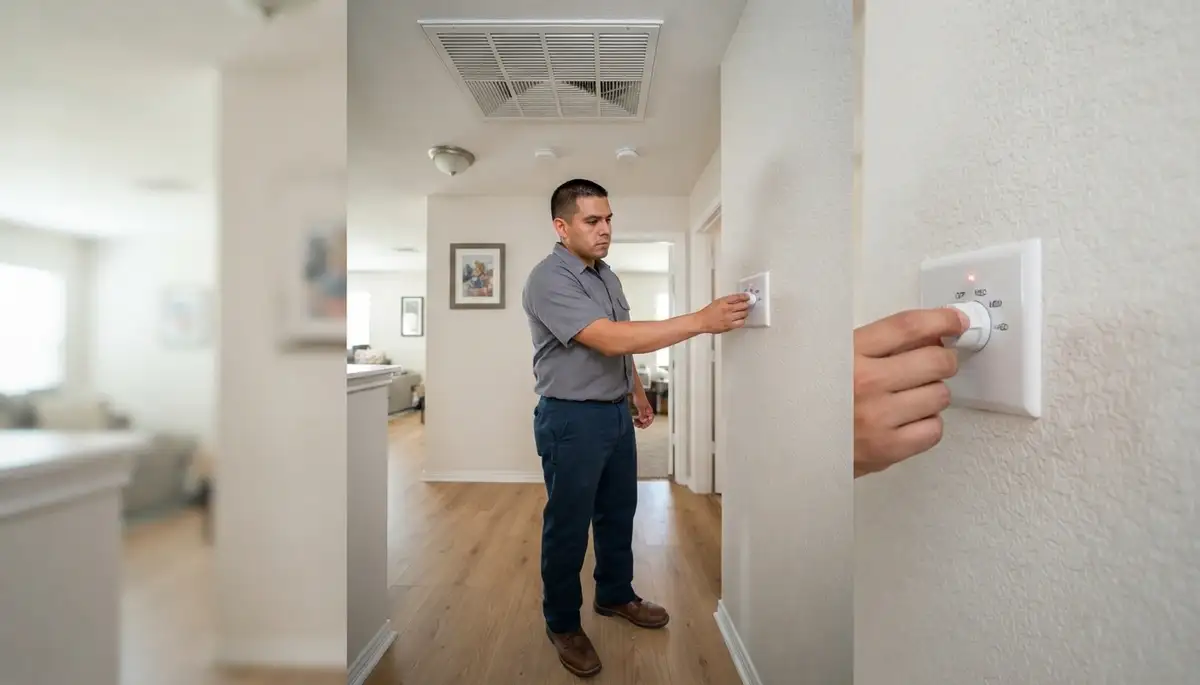 Electrician adjusts whole-house fan speed control in San Antonio, TX with ceiling grille closed