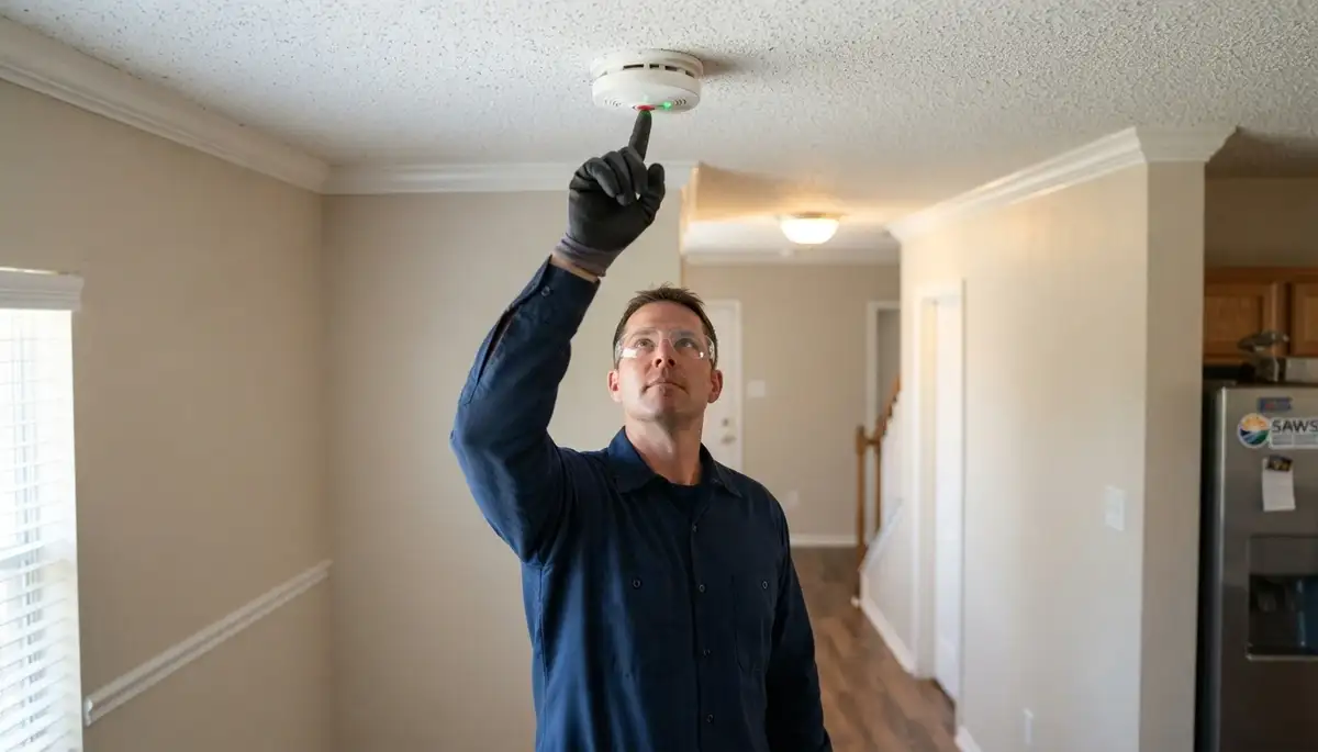 Electrician tests interconnected ceiling smoke detectors in a San Antonio, TX home