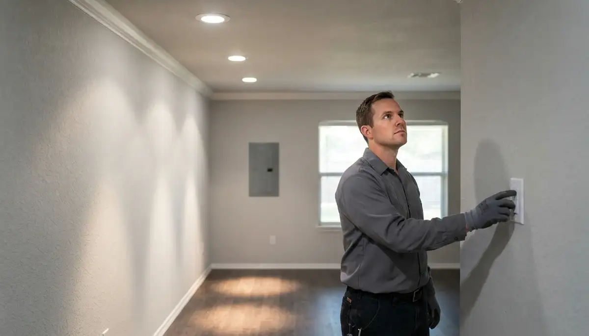 Electrician tests recessed lighting beam coverage and dimmer performance in a San Antonio, TX home