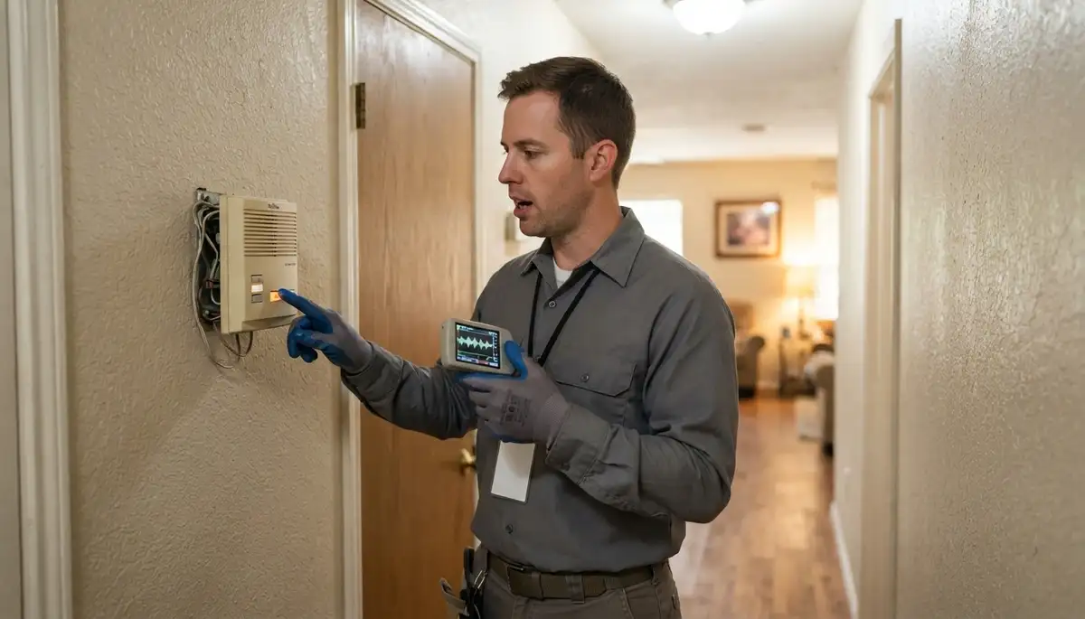 Electrician testing bidirectional audio between intercom stations in a San Antonio, TX home