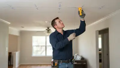San Antonio, TX electrician uses a stud finder to mark recessed lighting positions between ceiling joists.