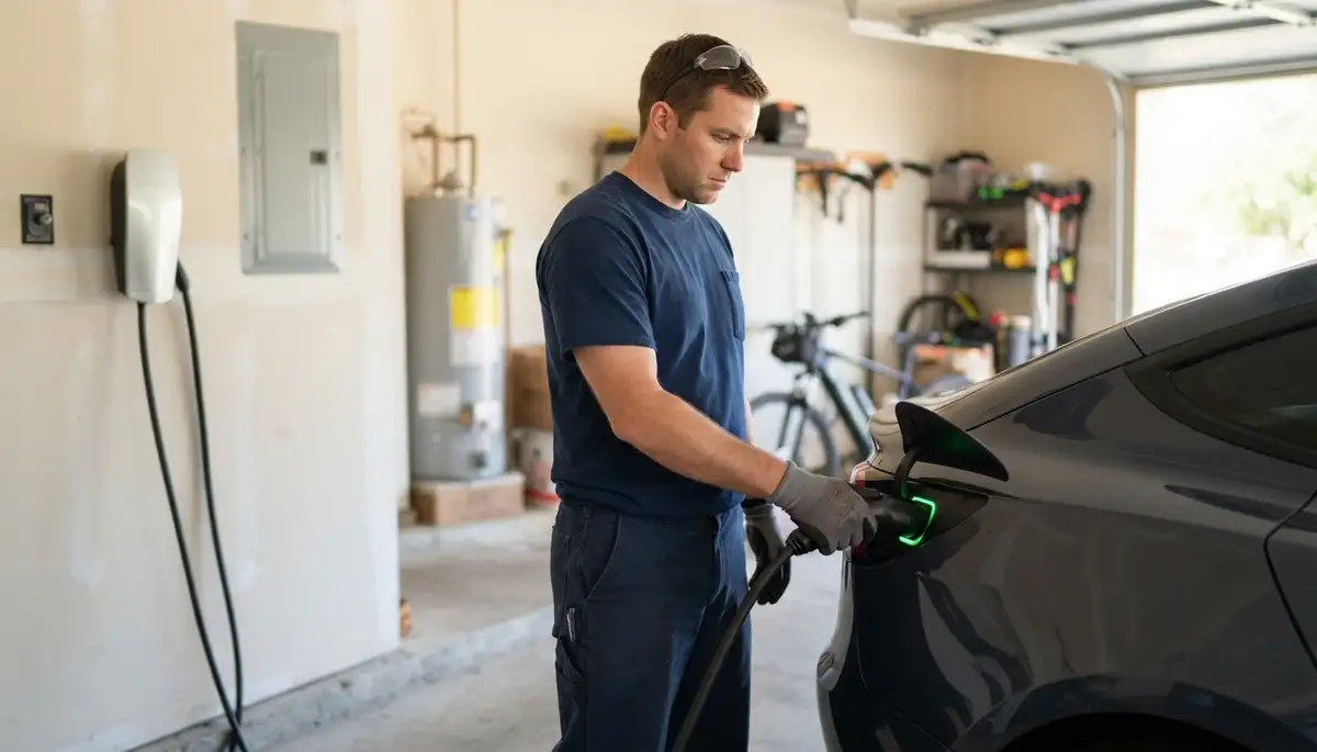 San Antonio, TX electrician verifies EV charger installation by connecting a cable to a vehicle