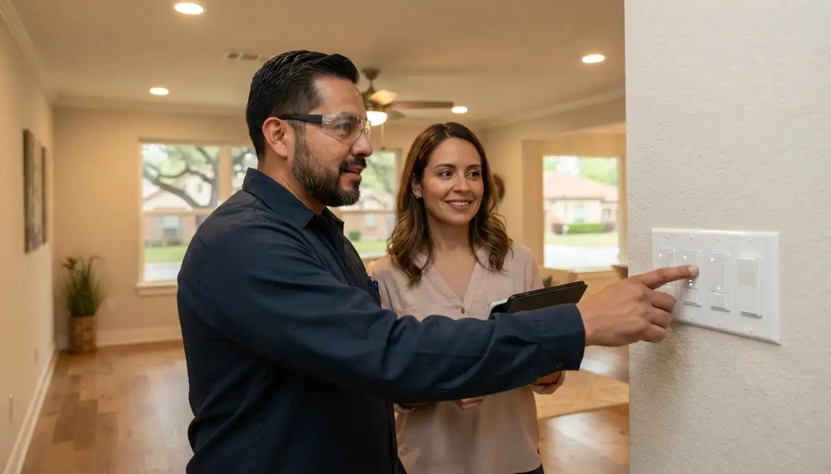 Electrician explains completed lighting installation and dimmer controls to a San Antonio, TX homeowner
