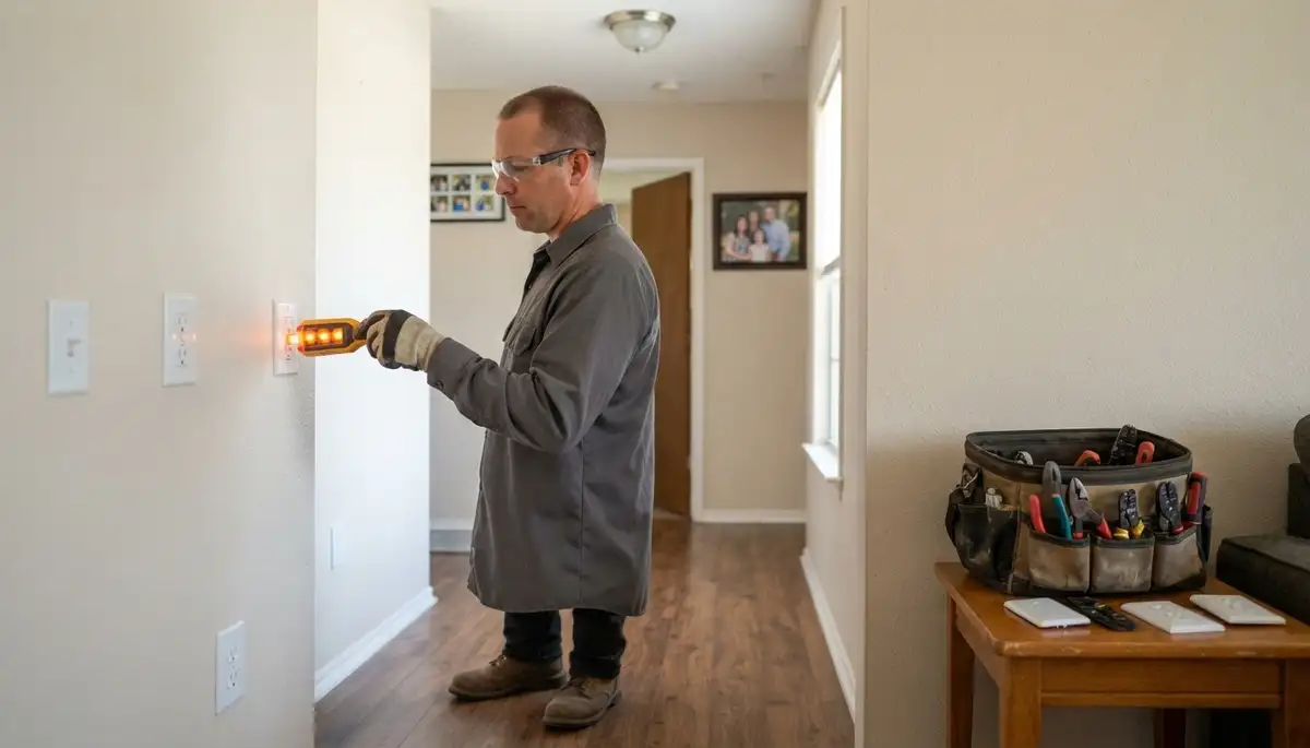 San Antonio electrician testing a newly installed receptacle with a circuit tester in a home