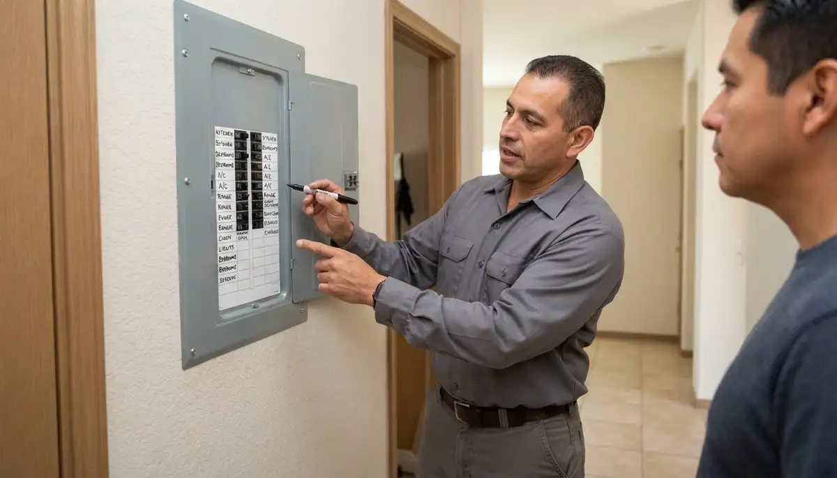 Licensed electrician reviews completed load center and updated circuit directory with San Antonio, TX homeowner