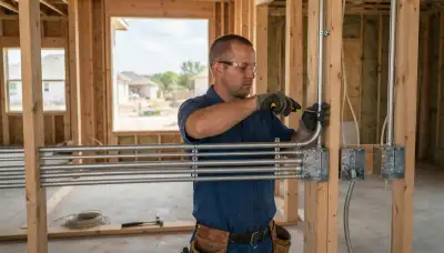 San Antonio, TX electrician fastening conduit and device boxes to wall studs during electrical installation