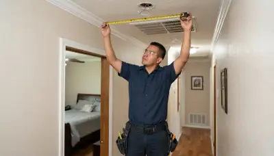Electrician assessing smoke detector placement on a hallway ceiling in a San Antonio, TX home