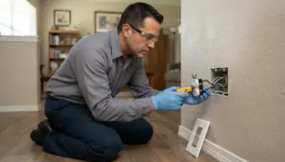 San Antonio, TX electrician testing wall outlet connections with a circuit tester during a home electrical inspection