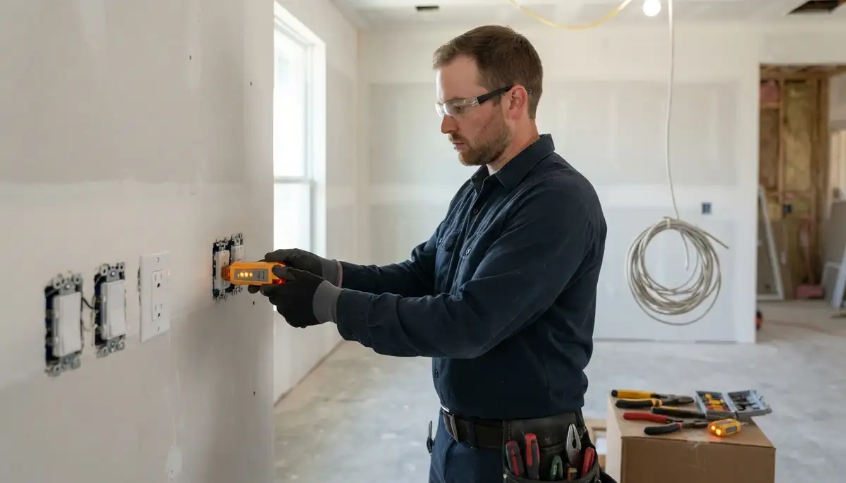San Antonio electrician installs receptacles and switches, testing circuits in a new construction home