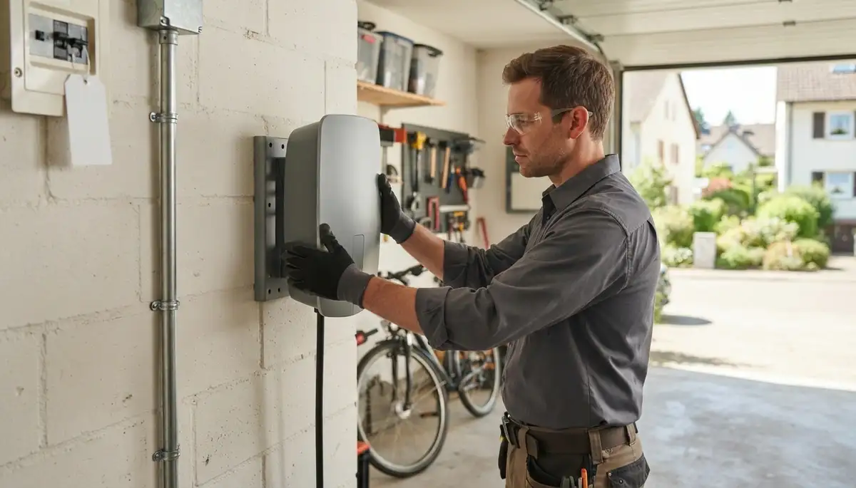 Electrician installs a wall-mounted EV charger, conduit, and transfer switch in Bergheim, TX