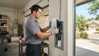 EV charger installation in Cibolo, TX with wall-mounted charger and dedicated 240-volt electrical circuit.