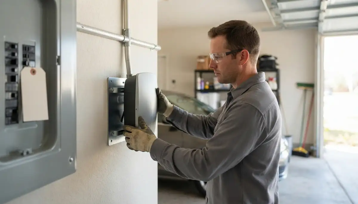 Electrician installing an EV charger with dedicated conduit circuit in a Converse, TX garage