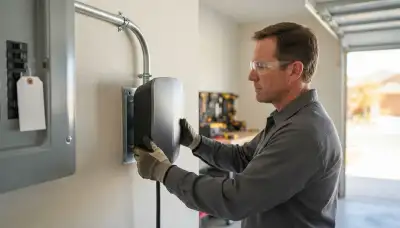 Electrician installing a Level 2 EV charger in a La Vernia, TX garage