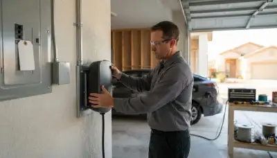 Electrician installs a wall-mounted EV charger and conduit in a Lackland AFB, San Antonio, TX garage.