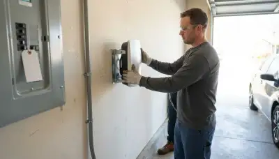 Wall-mounted Level 2 EV charger installation in a Marion, TX garage by a licensed electrician