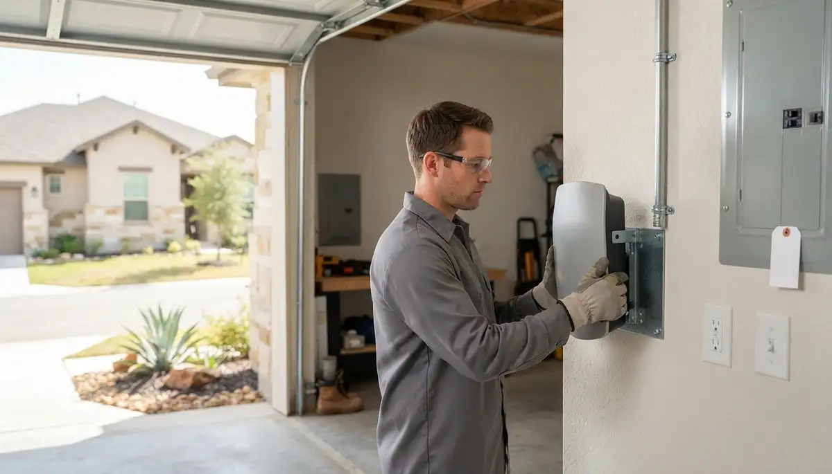 Electric vehicle charger installation with dedicated circuit and conduit in a Schertz, TX garage