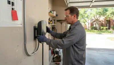 Electrician installing a wall-mounted EV charger in a Spring Branch, TX garage