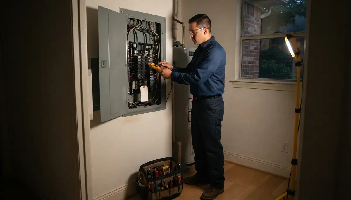 Emergency electrician testing a tripped breaker in a Spring Branch, TX home