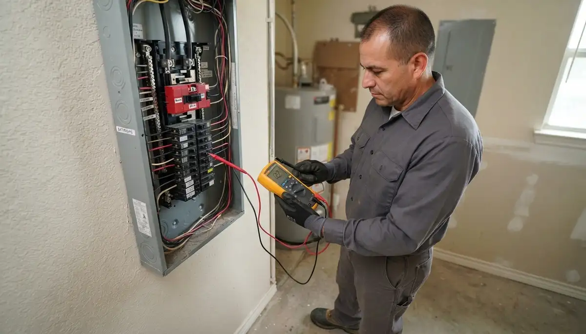 Electrician verifies electrical panel voltage and polarity with a multimeter in a San Antonio, TX home