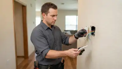Electrician inspecting thermostat control wires during a wiring assessment in San Antonio, TX