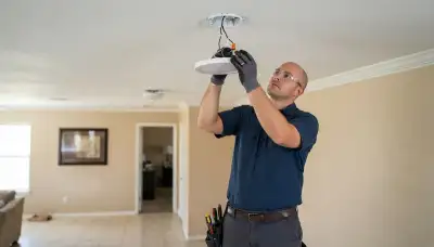 San Antonio, TX electrician installs a ceiling light fixture with gloves and secured wire connectors.