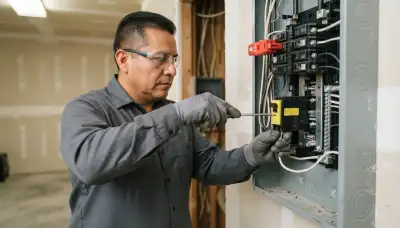 Electrician installing a GFCI breaker in a San Antonio, TX home electrical panel