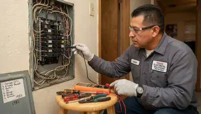 San Antonio electrician inspecting an open electrical panel during a GFCI circuit assessment