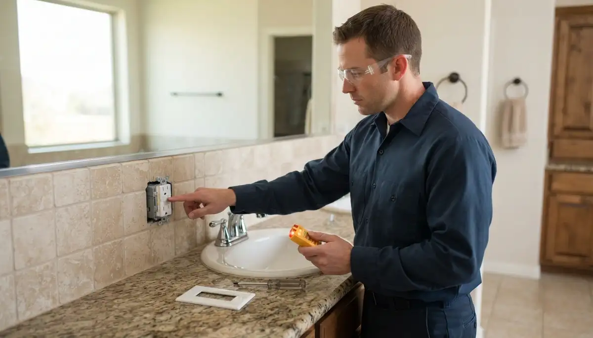 GFCI outlet near a Cibolo, TX bathroom sink provides electrical shock protection in wet areas