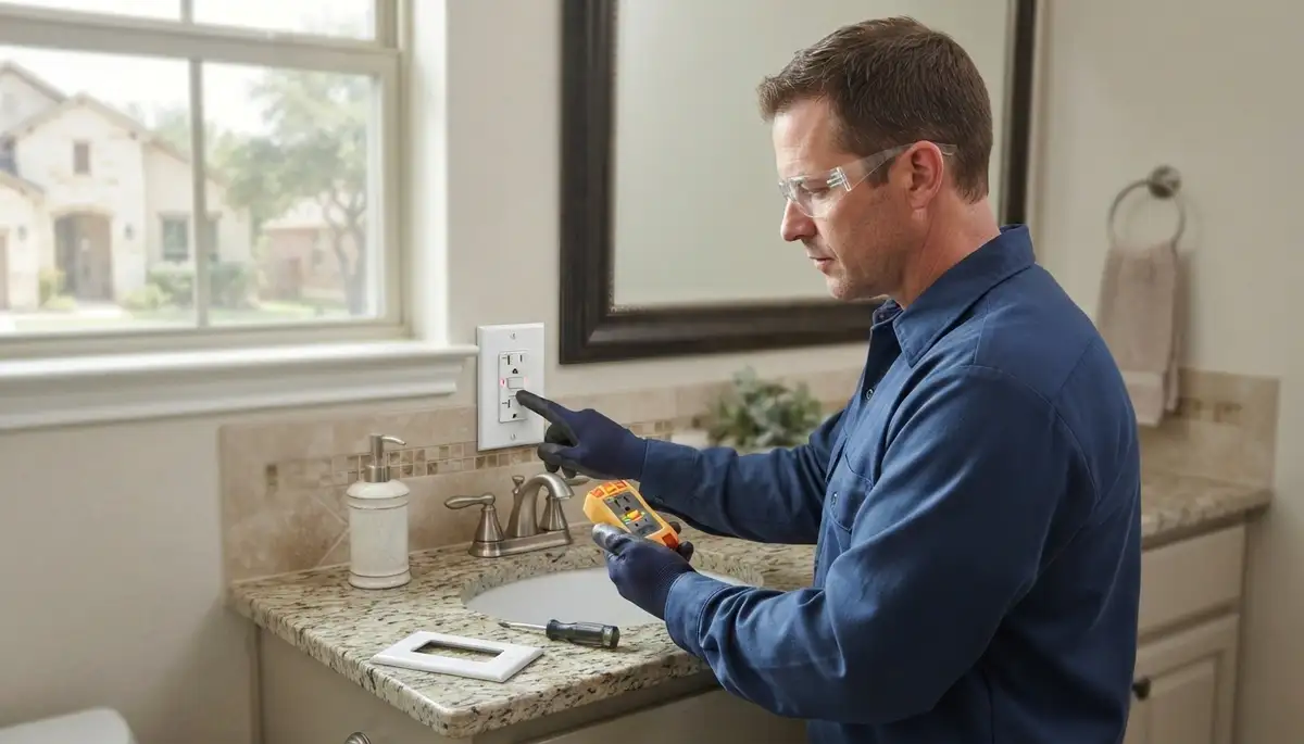 Electrician installing GFCI outlet for wet areas in San Antonio, TX bathroom