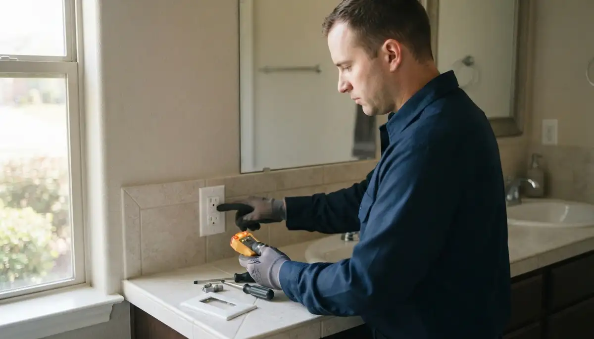 San Antonio, TX electrician installing a GFCI outlet for wet-area electrical safety