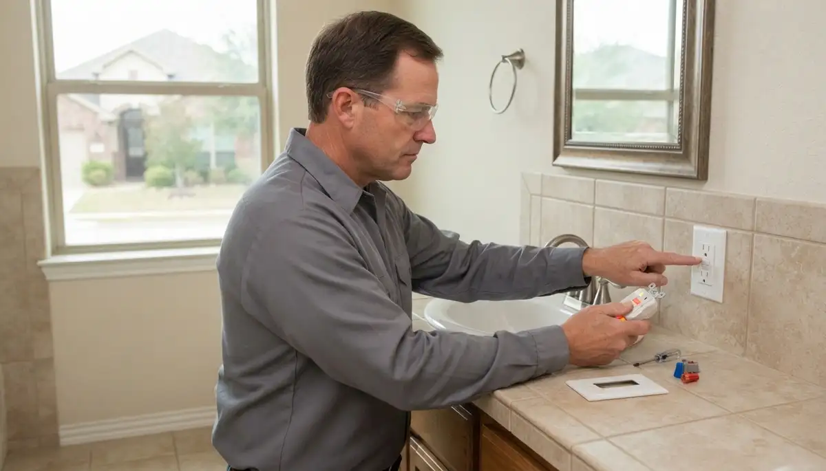 Electrician installing a GFCI outlet near a Von Ormy, TX bathroom sink for ground-fault protection