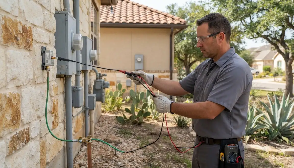 San Antonio, TX electrician tests lightning surge protector ground path with an electrical meter