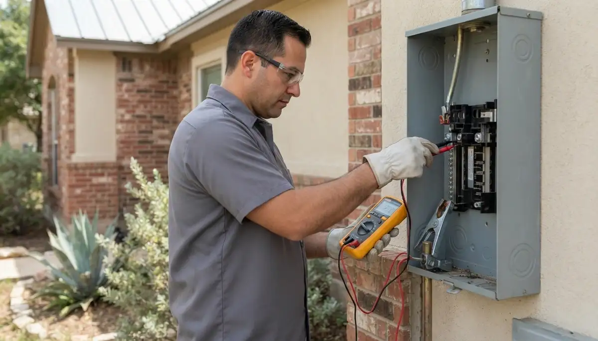 San Antonio electrician verifies grounding electrode conductor with a multimeter during electrical service inspection