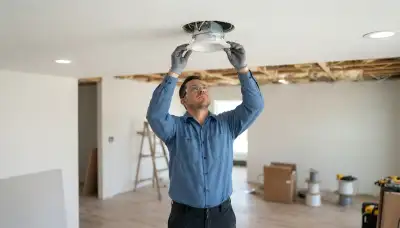 San Antonio electrician clipping trim rings into recessed ceiling housings during lighting installation