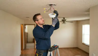 Electrician installing an interconnected smoke detector on a ceiling in a San Antonio, TX home