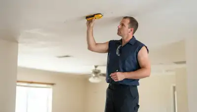 San Antonio electrician using a stud finder to plan ceiling lighting installation in a home