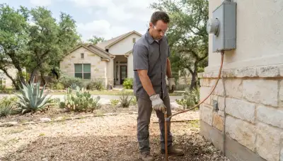 Electrician traces grounding electrode conductor from meter to ground rod during San Antonio, TX lightning assessment