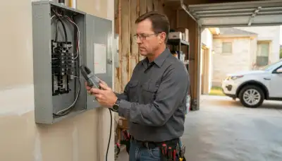San Antonio, TX electrician uses a clamp meter at an open panel for EV charger load calculation