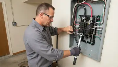Electrician torquing feeder conductors in a new electrical load center in San Antonio, TX