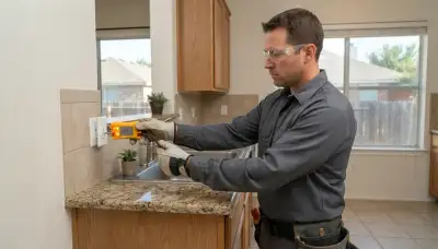 Electrician tests kitchen outlets for GFCI protection near a sink in a San Antonio, TX home