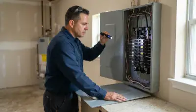 Electrician inspecting a home's electrical panel and breakers during a safety inspection in San Antonio, TX
