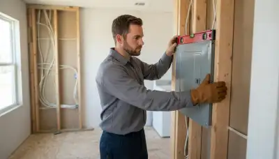 San Antonio, TX electrician leveling an electrical panel enclosure during residential rough-in installation