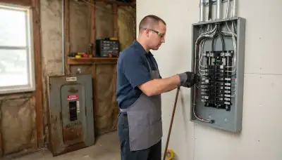 Electrician upgrading an older Elmendorf, TX home’s electrical panel to 200-amp service