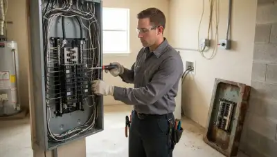 Electrician upgrading an electrical panel in an older Lackland AFB home in San Antonio, TX