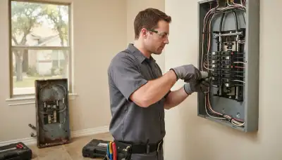 Electrician upgrading an outdated electrical panel in an older New Braunfels, TX home
