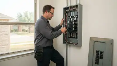 Electrician upgrading an electrical panel in an older Randolph AFB, TX home