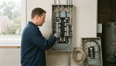 Electrician upgrading an older home's electrical panel in Somerset, TX