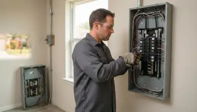 Electrician upgrading an electrical panel in an older Universal City, TX home