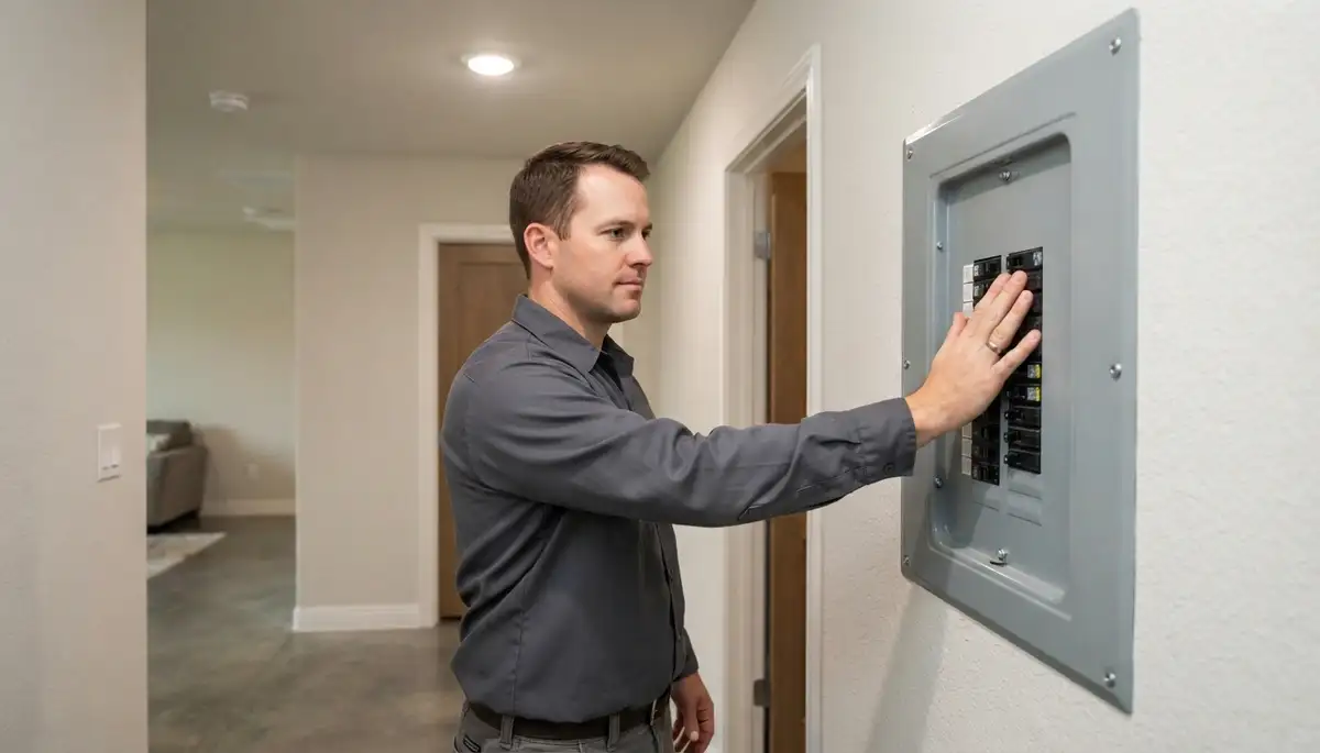 San Antonio, TX electrician verifies a completed electrical panel during final installation walkthrough